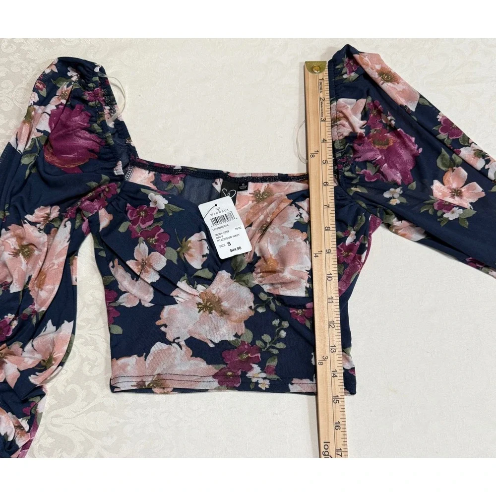 Windsor Floral Mesh Crop Top Womens Size S Navy Blue Long Sleeve Coquette Casual - Picture 6 of 9